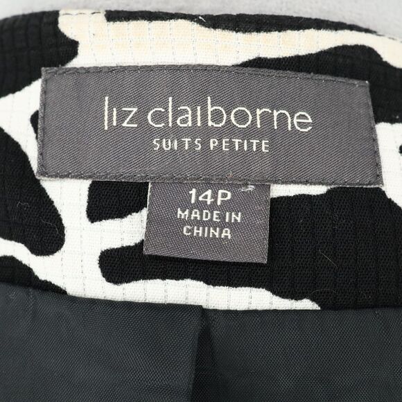 Liz Claiborne Jacket Petites 14P Black White Animal Print Attached Belt Lined - Picture 3 of 16